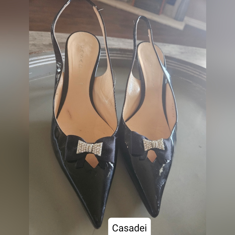 Casadei Black Patent Sling Back Pointed Toe Bow Heels Size 10 Mobwife